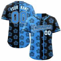Powder Blue Black Split Flower Graffiti Baseball Jersey 1