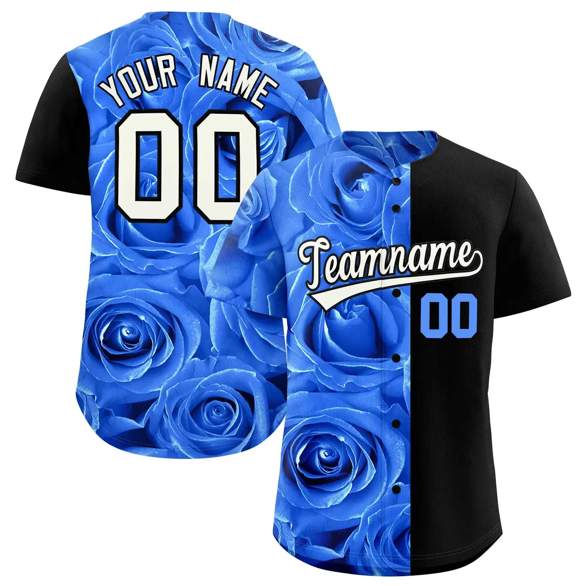 Powder Blue Black Split Rose Print Baseball Jersey