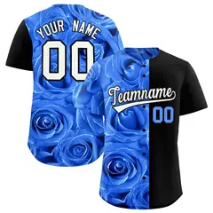 Powder Blue Black Split Rose Print Baseball Jersey