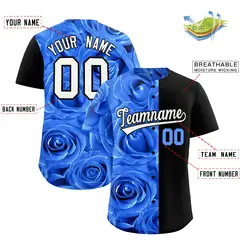 Powder Blue Black Split Rose Print Baseball Jersey 2