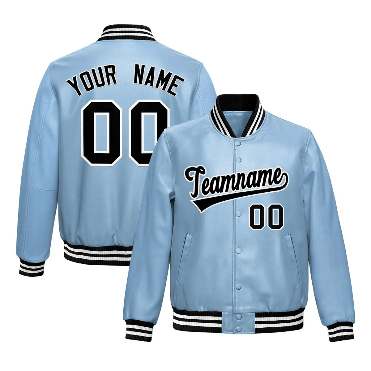 Powder Blue Black Varsity Full-Snap Faux Leather Letterman Jacket