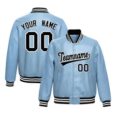 Powder Blue Black Varsity Full-Snap Faux Leather Letterman Jacket
