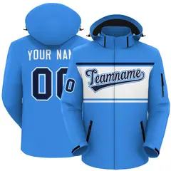Powder Blue Black-White Color Block Hooded Waterproof Jacket 1