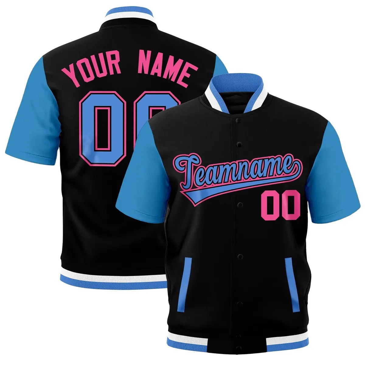 Powder Blue Black White Full-Snap Short Sleeve Varsity Jacket