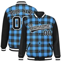 Powder Blue Black-White Plaid Varsity Letterman Jacket