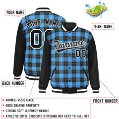 Powder Blue Black-White Plaid Varsity Letterman Jacket 2