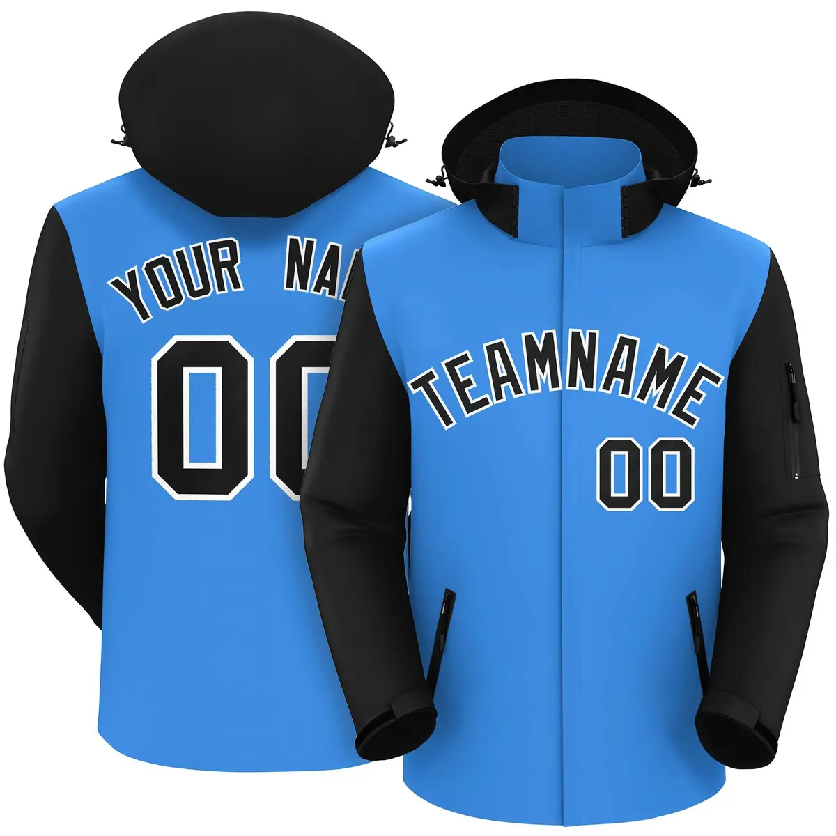 Powder Blue Black-White Raglan Sleeves Waterproof Jacket