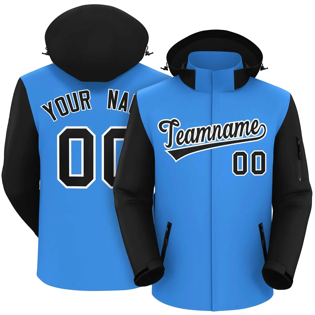 Powder Blue Black-White Raglan Sleeves Waterproof Jacket