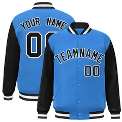 Powder Blue Black-White Raglan Varsity Full-Snap Letterman Jacket 1