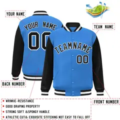 Powder Blue Black-White Raglan Varsity Full-Snap Letterman Jacket 2