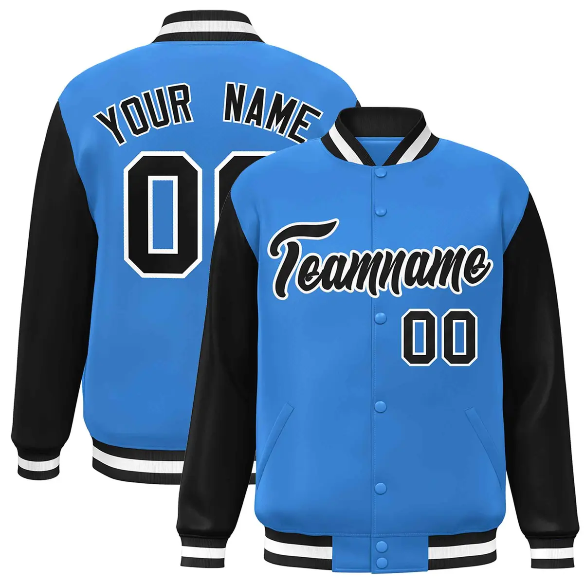 Powder Blue Black-White Raglan Varsity Full-Snap Letterman Jacket