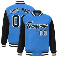 Powder Blue Black-White Raglan Varsity Full-Snap Letterman Jacket 1