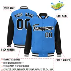 Powder Blue Black-White Raglan Varsity Full-Snap Letterman Jacket 2