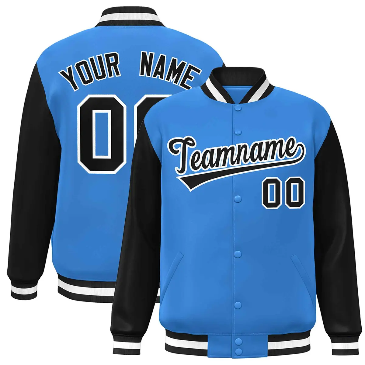 Powder Blue Black-White Raglan Varsity Full-Snap Letterman Jacket