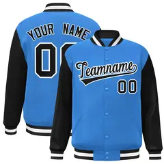 Powder Blue Black-White Raglan Varsity Full-Snap Letterman Jacket 1