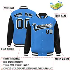 Powder Blue Black-White Raglan Varsity Full-Snap Letterman Jacket 2