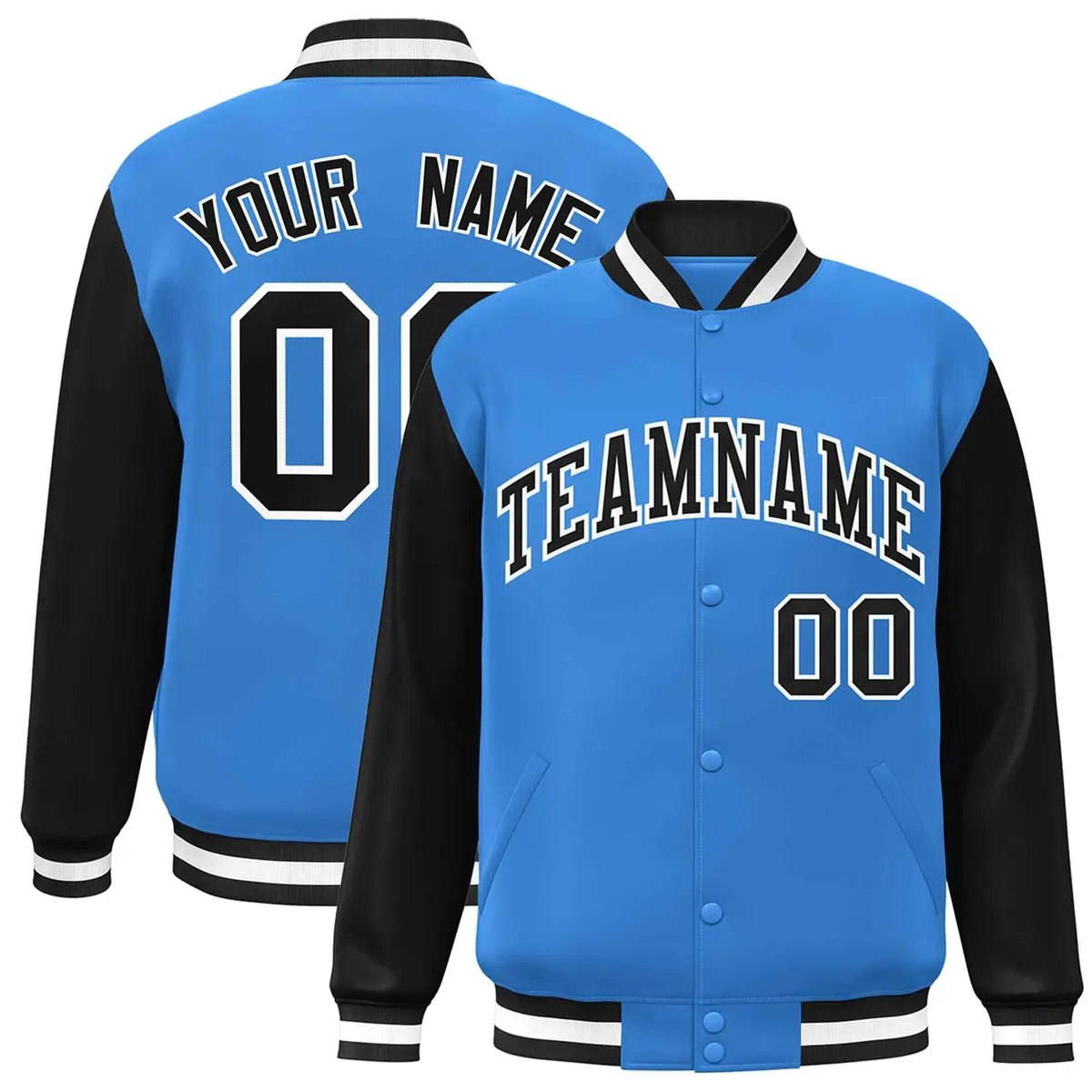 Powder Blue Black-White Raglan Varsity Full-Snap Letterman Jacket