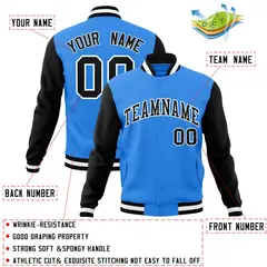 Powder Blue Black-White Raglan Varsity Full-Snap Letterman Jacket 4