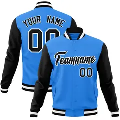 Powder Blue Black-White Raglan Varsity Full-Snap Letterman Jacket
