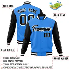 Powder Blue Black-White Raglan Varsity Full-Snap Letterman Jacket 4