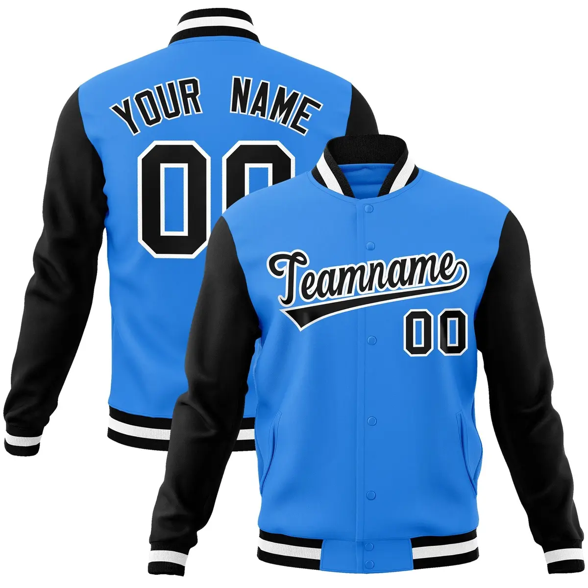 Powder Blue Black-White Raglan Varsity Full-Snap Letterman Jacket