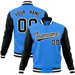 Powder Blue Black-White Raglan Varsity Full-Snap Letterman Jacket 1