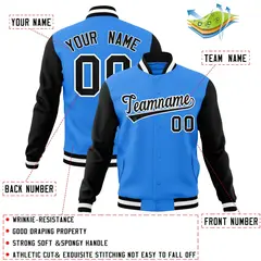 Powder Blue Black-White Raglan Varsity Full-Snap Letterman Jacket 4