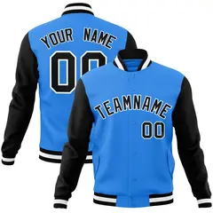 Powder Blue Black-White Raglan Varsity Full-Snap Letterman Jacket 1