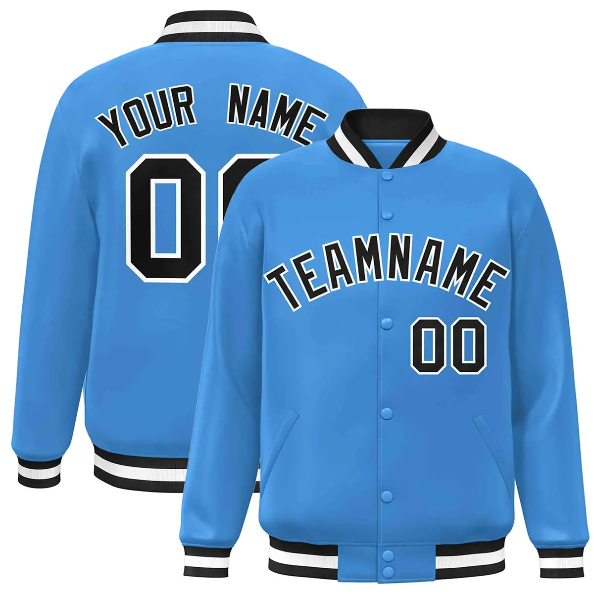 Powder Blue Black-White Varsity Full-Snap Letterman Jacket