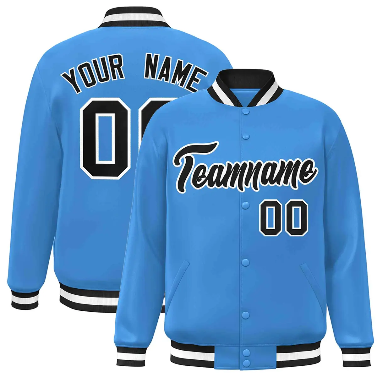 Powder Blue Black-White Varsity Full-Snap Letterman Jacket