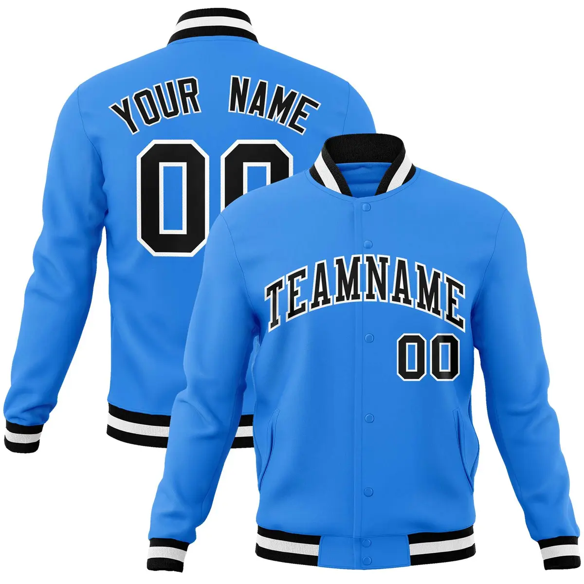 Powder Blue Black-White Varsity Full-Snap Letterman Jacket