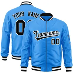 Powder Blue Black-White Varsity Full-Zip Letterman Bomber Jacket