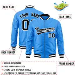 Powder Blue Black-White Varsity Full-Zip Letterman Bomber Jacket 2