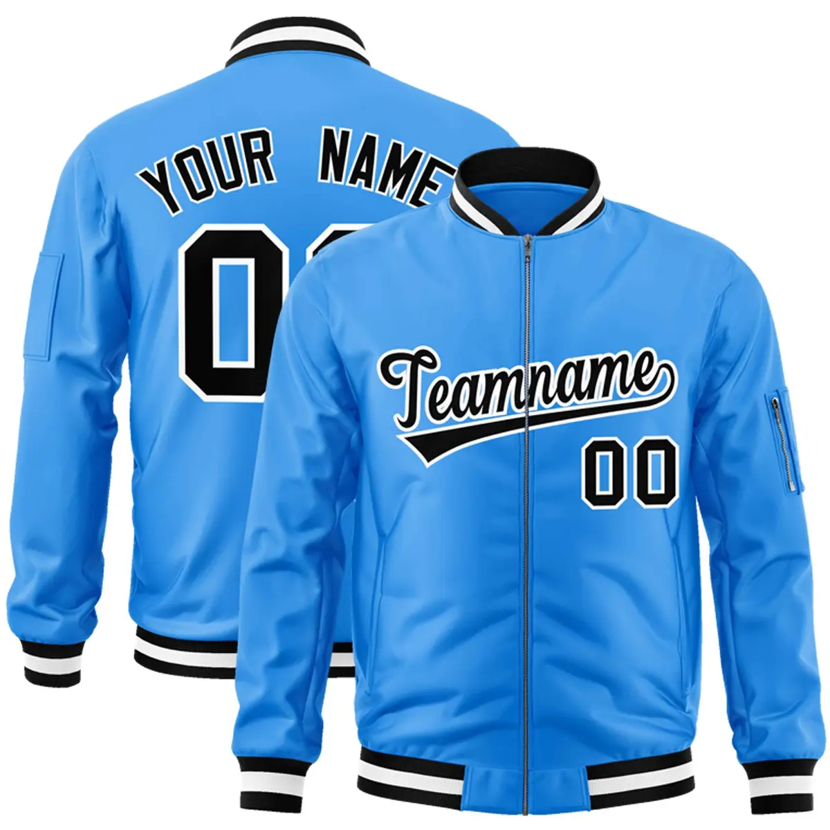 Powder Blue Black-White Varsity Full-Zip Letterman Bomber Jacket