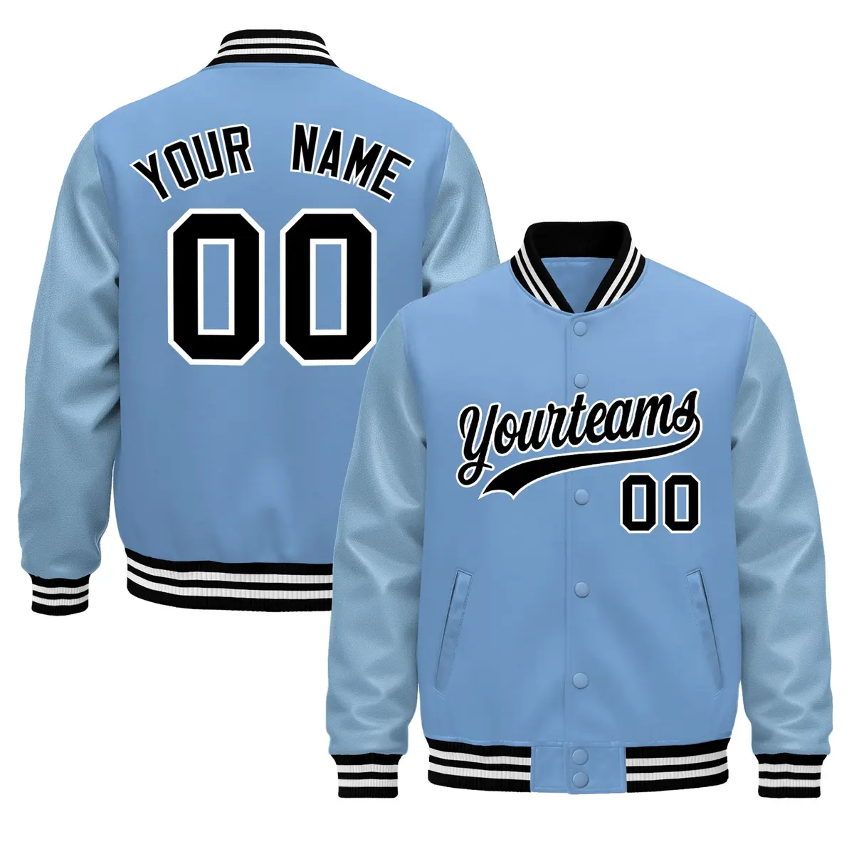 Powder Blue Black White Varsity Jacket with Faux Leather Sleeves