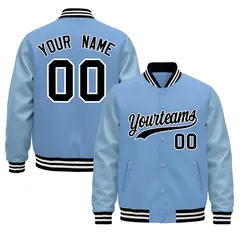 Powder Blue Black White Varsity Jacket with Faux Leather Sleeves 1