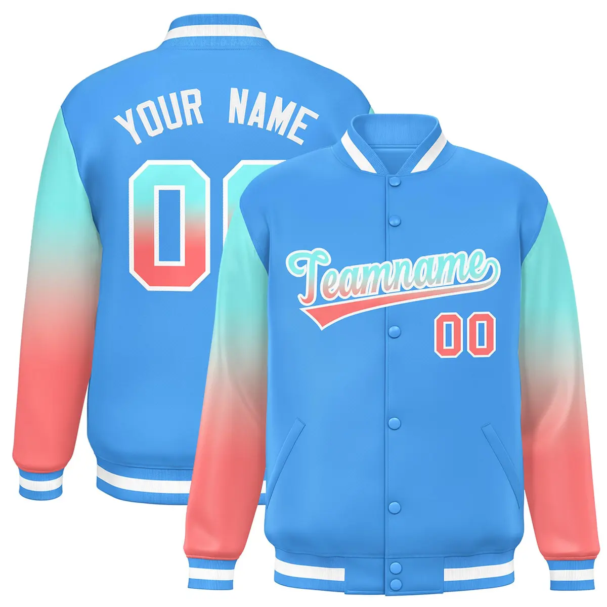 Powder Blue Bright Green-Light Red Gradient Varsity Full-Snap Raglan Baseball Jacket