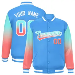 Powder Blue Bright Green-Light Red Gradient Varsity Full-Snap Raglan Baseball Jacket 1