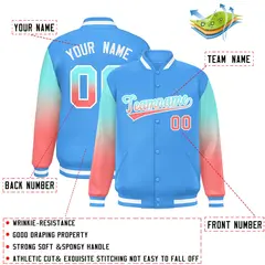 Powder Blue Bright Green-Light Red Gradient Varsity Full-Snap Raglan Baseball Jacket 2
