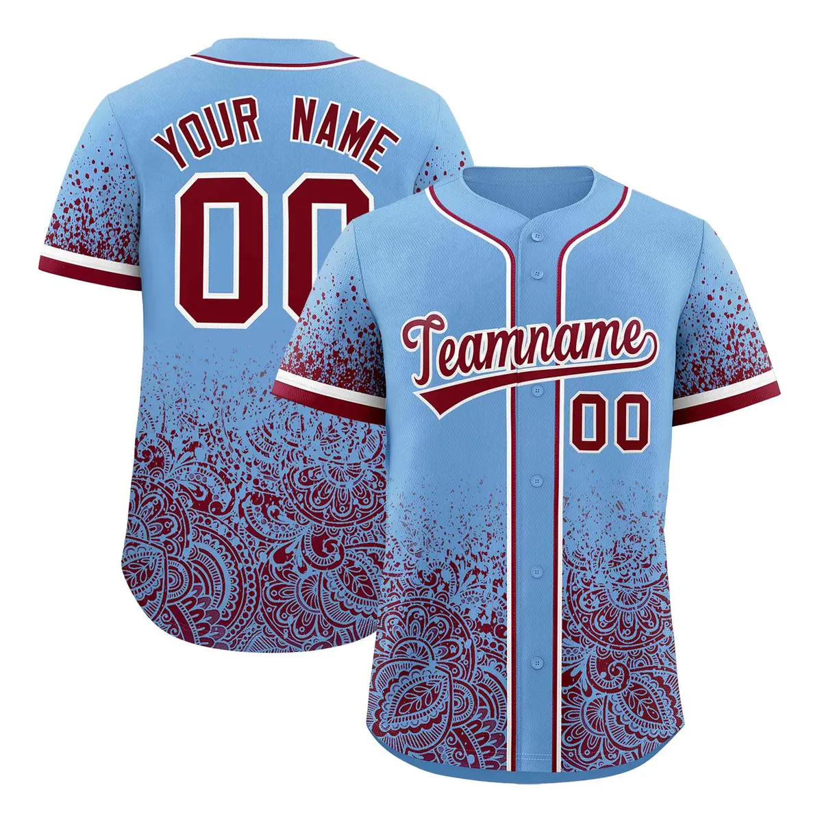 Powder Blue Crimson Floral Gradient Full Button Baseball Jersey