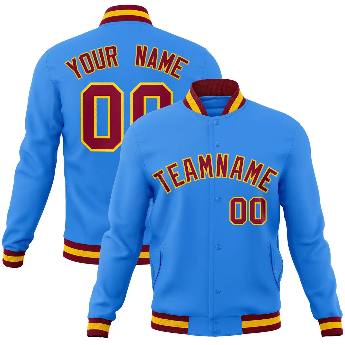 Powder Blue Crimson-Gold Varsity Full-Snap Letterman Jacket