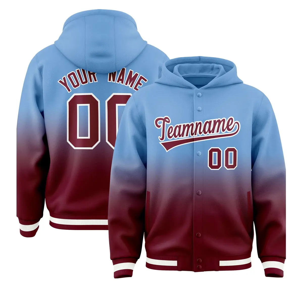 Powder Blue Crimson Gradient Letterman Varsity Jacket Hoodie