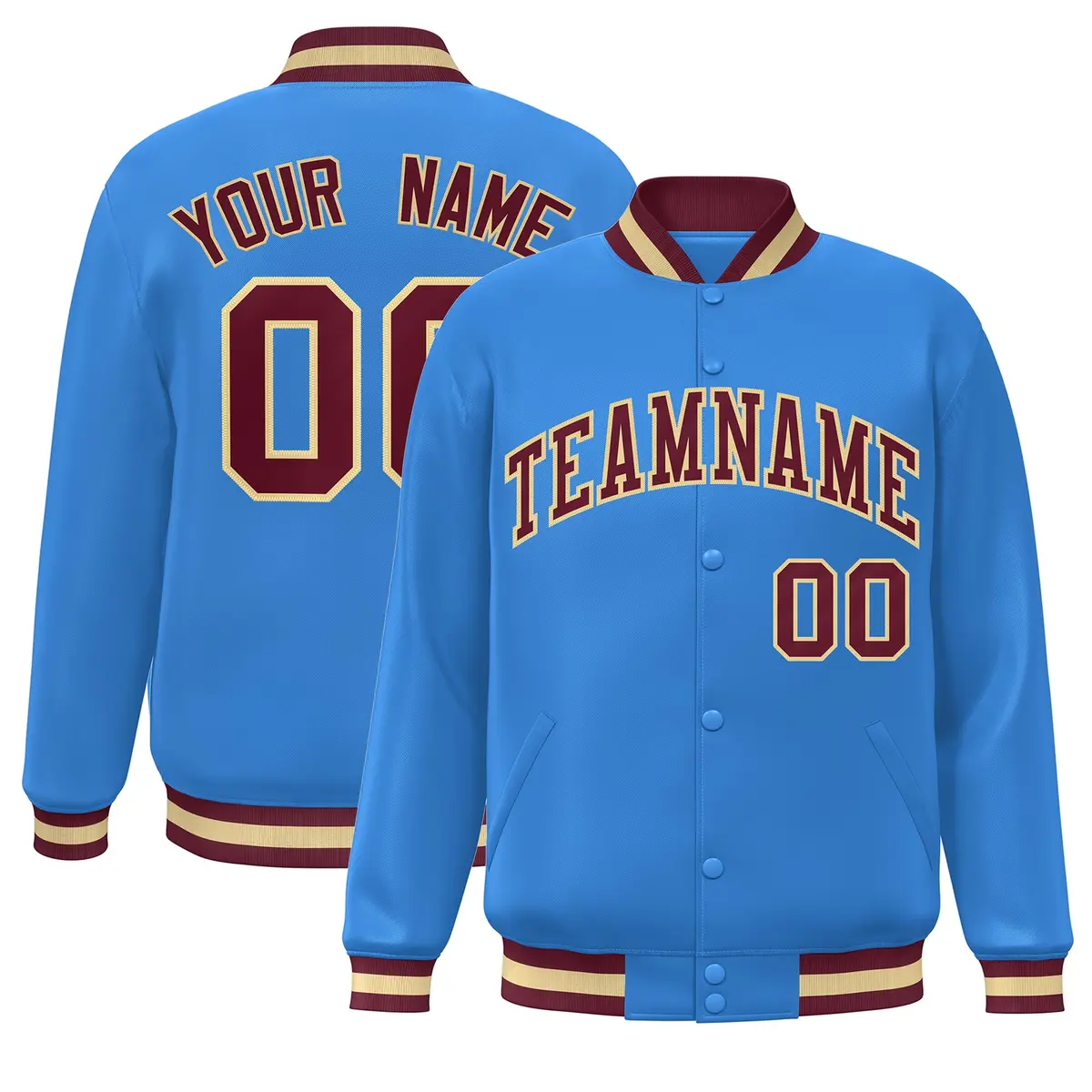 Powder Blue Crimson-Khaki Varsity Full-Snap Letterman Jacket