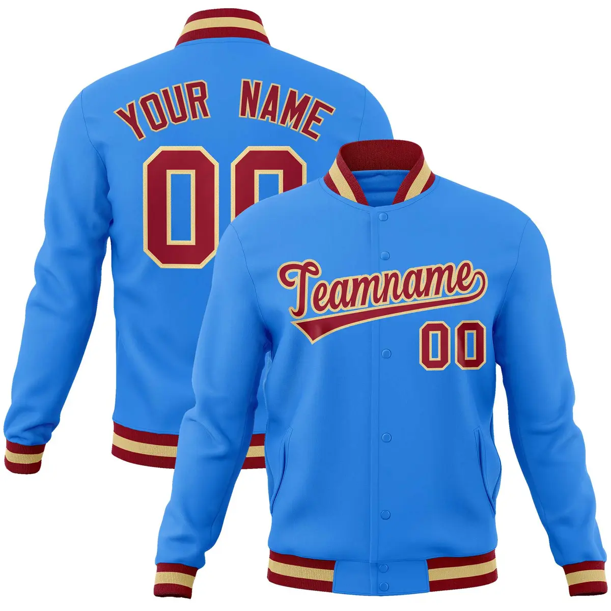 Powder Blue Crimson-Khaki Varsity Full-Snap Letterman Jacket