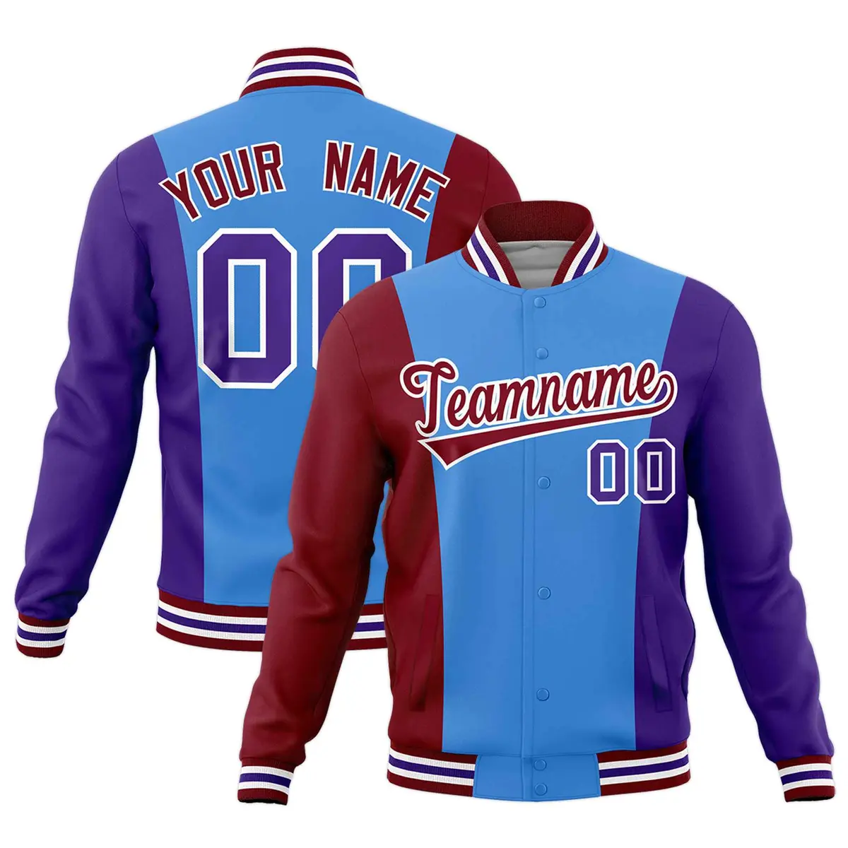 Powder Blue Crimson Purple Three Color Block Varsity Letterman Jacket