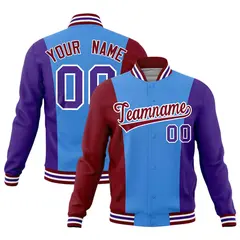 Powder Blue Crimson Purple Three Color Block Varsity Letterman Jacket 1