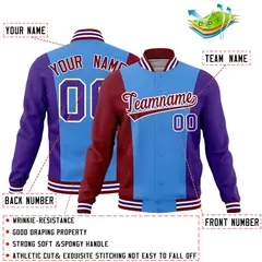 Powder Blue Crimson Purple Three Color Block Varsity Letterman Jacket 2