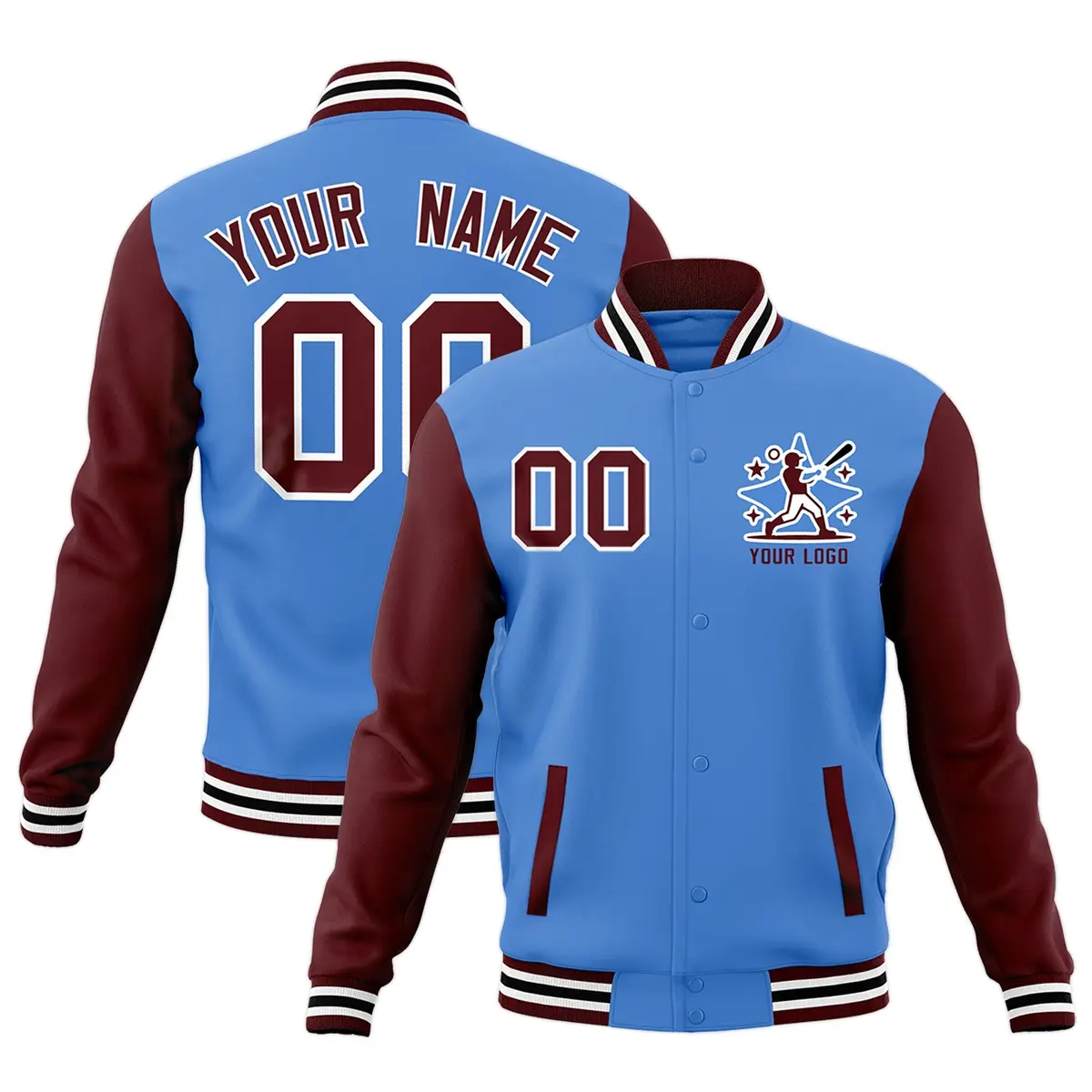 Powder Blue Crimson White Raglan Sleeves Full-Snap Letterman Cotton Jacket