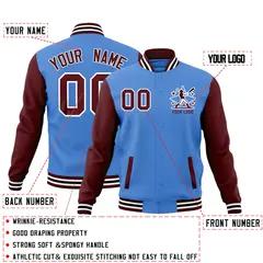 Powder Blue Crimson White Raglan Sleeves Full-Snap Letterman Cotton Jacket 2