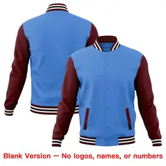 Powder Blue Crimson White Raglan Sleeves Full-Snap Letterman Cotton Jacket 6